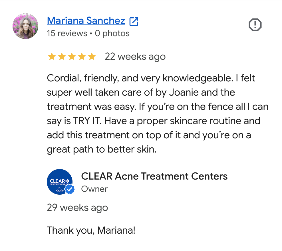 Google review profile for Mariana Sanchez with five-star rating, showing her reviews for CLEAR Acne Treatment Centers, including a positive testimonial about skincare treatment and her owner status at the clinic.
