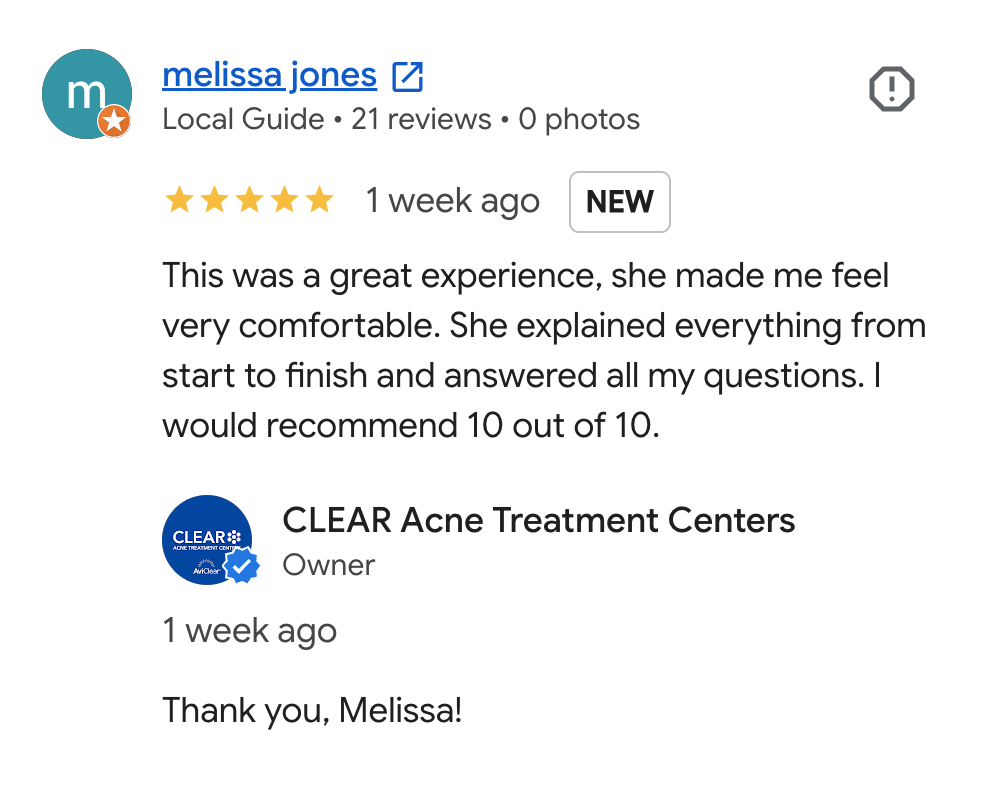 Screenshot of a positive review for Melissa Jones on a local guide platform, with five-star rating and a reply from CLEAR Acne Treatment Centers owner thanking her.