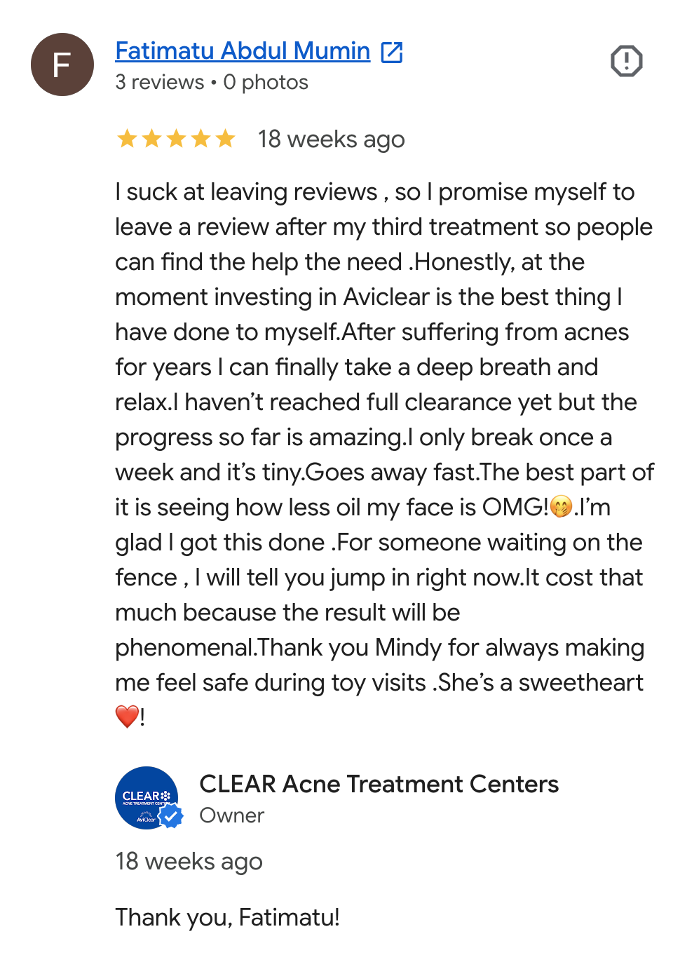 Screenshot of a 5-star review from Fatimatu Abdul Mumin on Google for CLEAR Acne Treatment Centers, praising their acne treatment results and customer service.
