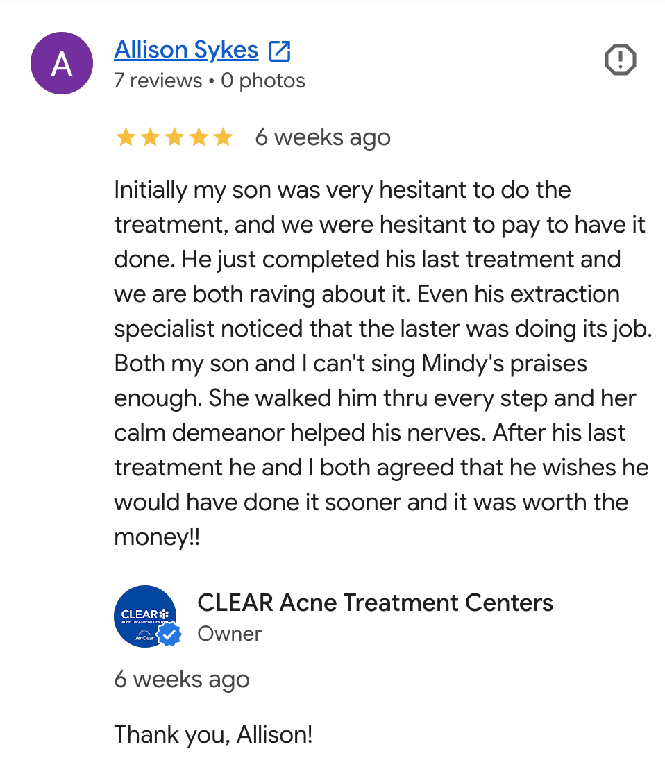 Screenshot of a positive review for CLEAR Acne Treatment Centers from a customer named Allison Sykes and a response from the business, thanking her for her feedback.