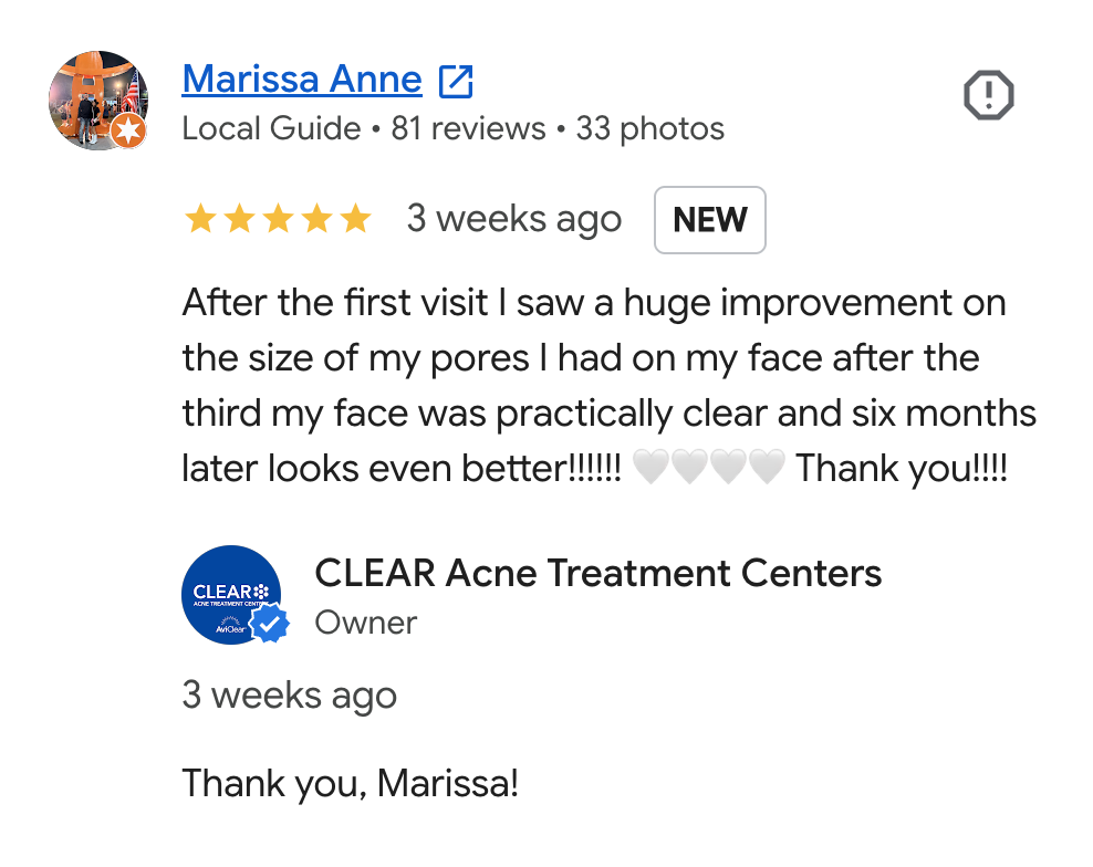 Screenshot of a Google review page for CLEAR Acne Treatment Centers, showing a 5-star review from Marissa Anne praising improvement in her facial pores after treatment.