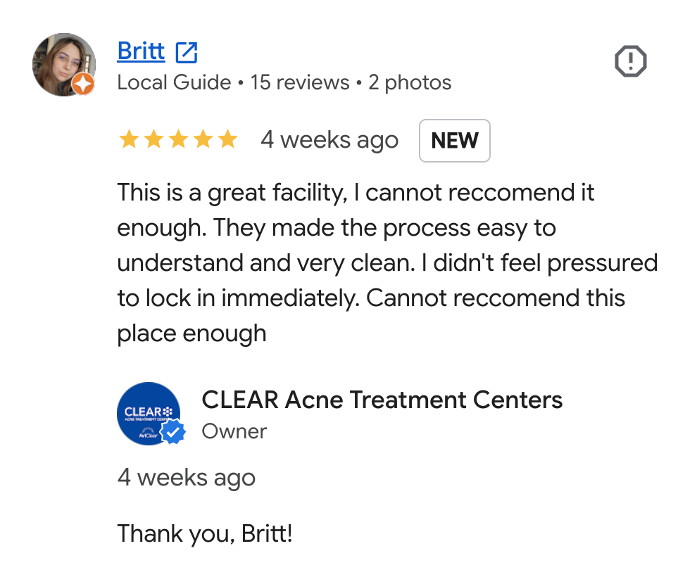 Screenshot of a Google review for CLEA R Acne Treatment Centers featuring Britt's positive review and the clinic's response, with Britt's profile image and star rating.