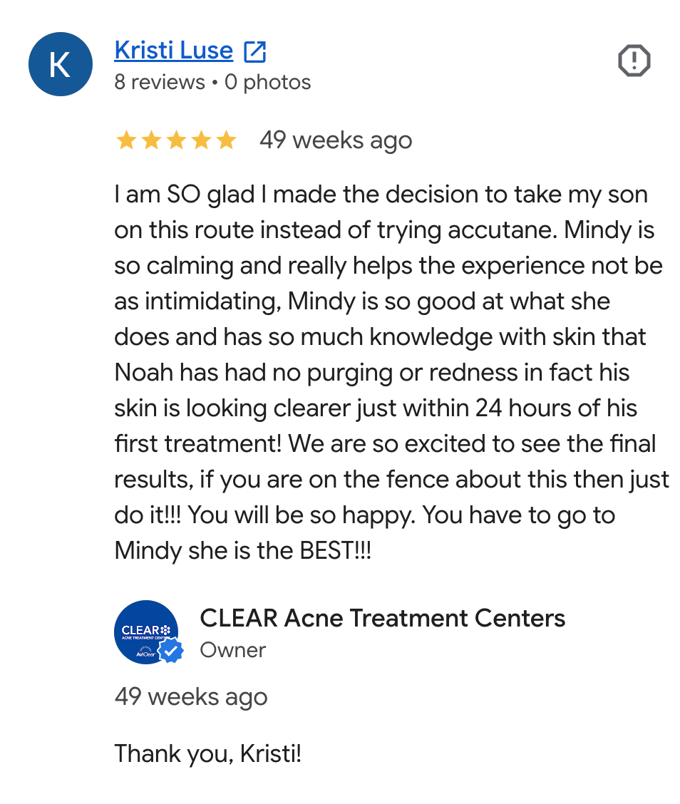 Screenshot of a Google review for CLEAR Acne Treatment Centers featuring a positive testimonial and a reply from the owner.