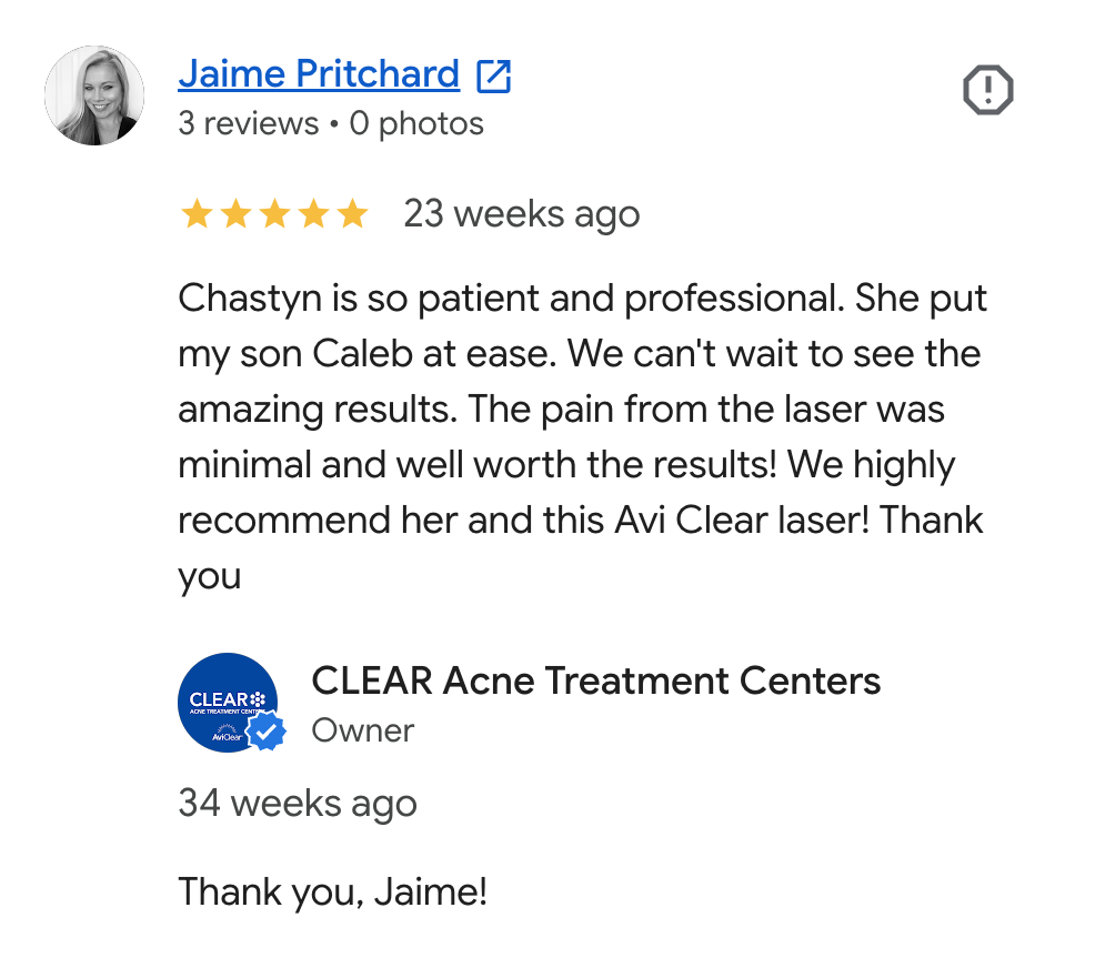 Screenshot of a Google review section, showing a positive review for CLEAR Acne Treatment Centers from Jaime Pritchard and a reply from the business.