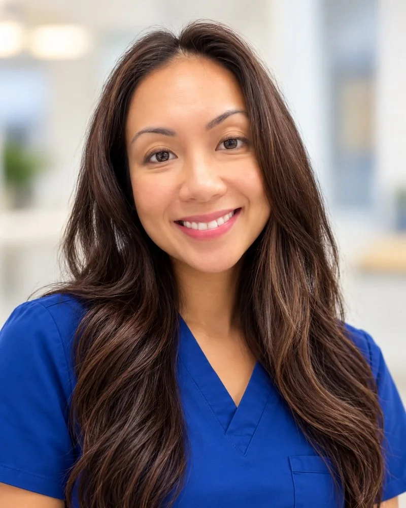 Smiling woman with long dark hair taking a selfie indoors, with a blue sign visible in the background.
