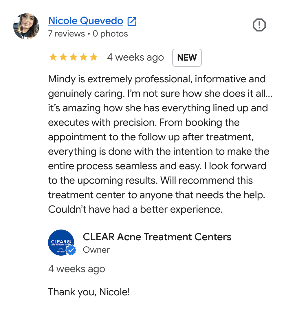 Screenshot of a Google review for CLEAR Acne Treatment Centers by Nicole Quevedo, praising Mindy's professionalism and effectiveness, with a verified badge and the clinic's logo.