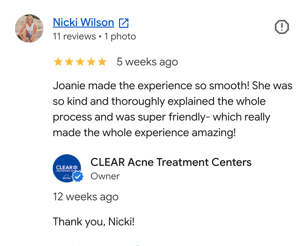 Screenshot of a Google review with a profile picture of a woman smiling, five-star rating, and text praising Joanie's acne treatment experience at CLEAR Acne Treatment Centers.