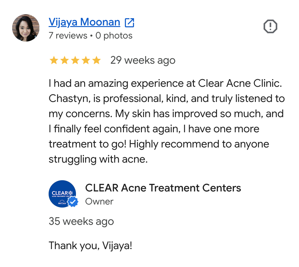 Screenshot of a Google review webpage showing a review for Clear Acne Treatment Centers by Vijaya Moonan, with five stars and her profile picture. The review mentions her positive experience, improved skin, and high recommendation. The review is date