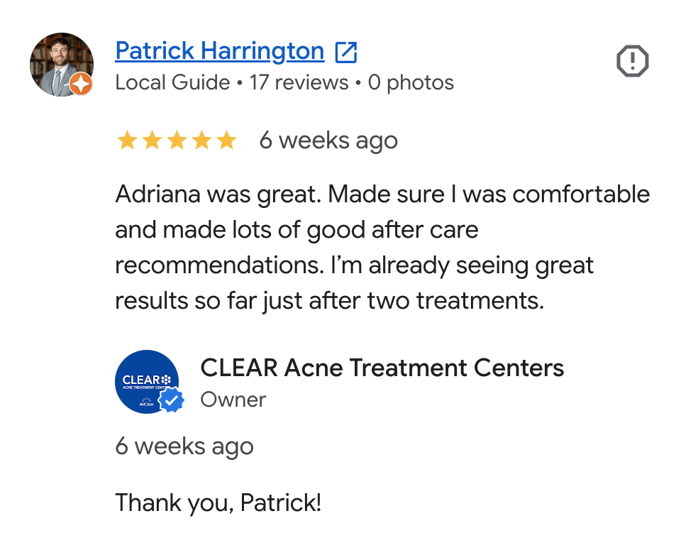 Screenshot of a Google review for Patrick Harrington, a local guide with 17 reviews, showing a 5-star rating, posted 6 weeks ago. The review praises Adriana for her care and treatment, noting positive results after two treatments. The review is from 