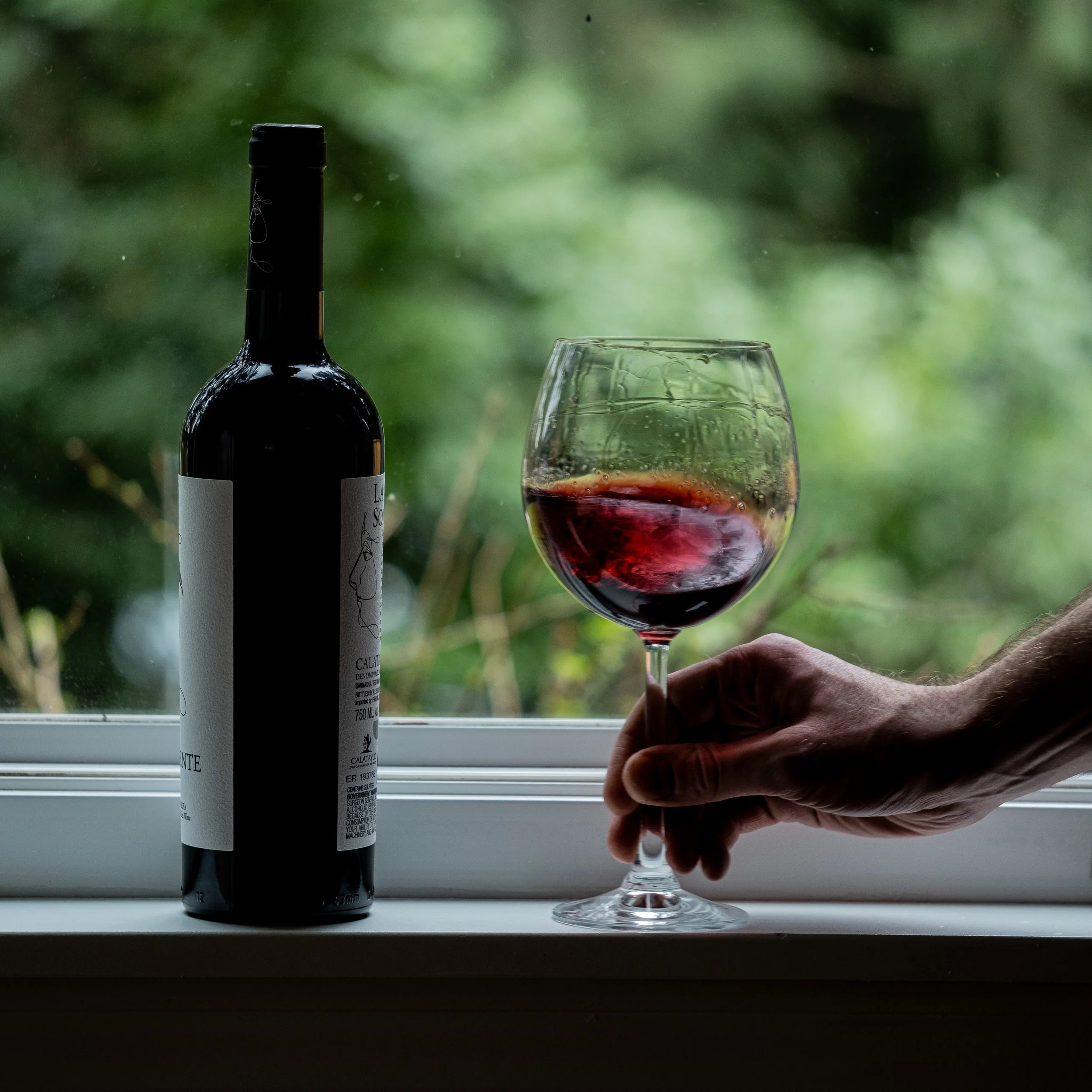 
A person holding a glass of red wine near a windowsill with a bottle of wine beside it, greenery visible outside the window.