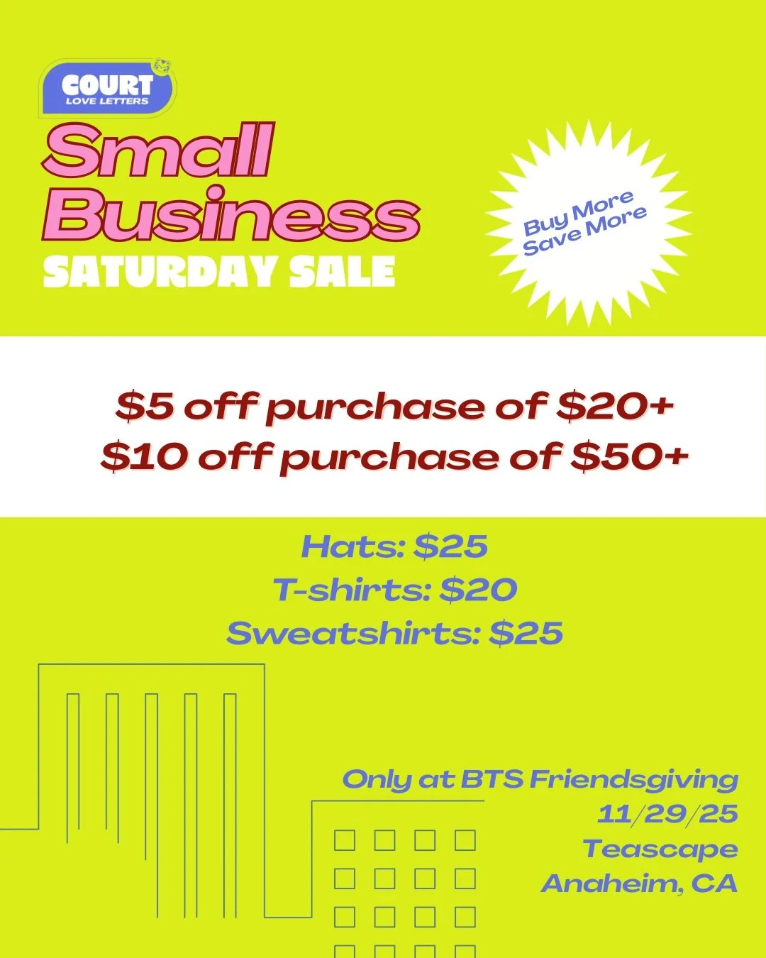 Small Business Saturday is happening in person at BTS Friendsgiving &mdash; and I&rsquo;m bringing the deals 💜✨

Only available at the event:
 💸 $5 off purchases of $20+
 💸 $10 off purchases of $50+
 👕 Special Apparel Pricing:
 &bull; Hats: $25
 