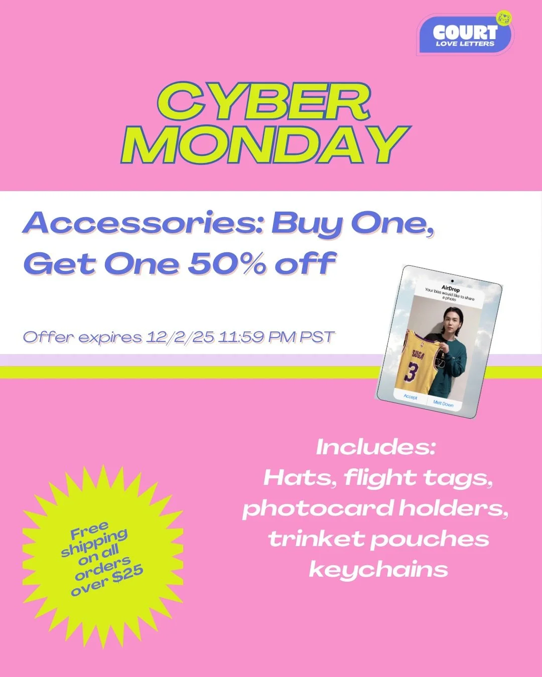 It&rsquo;s Cyber Monday over at courtloveletters.com ✨
Your fave accessories are BUY ONE, GET ONE 50% OFF &mdash; hats, flight tags, photocard holders, trinket pouches, keychains&hellip; all the essentials for your bias (and your bag).

Plus ✨ FREE S