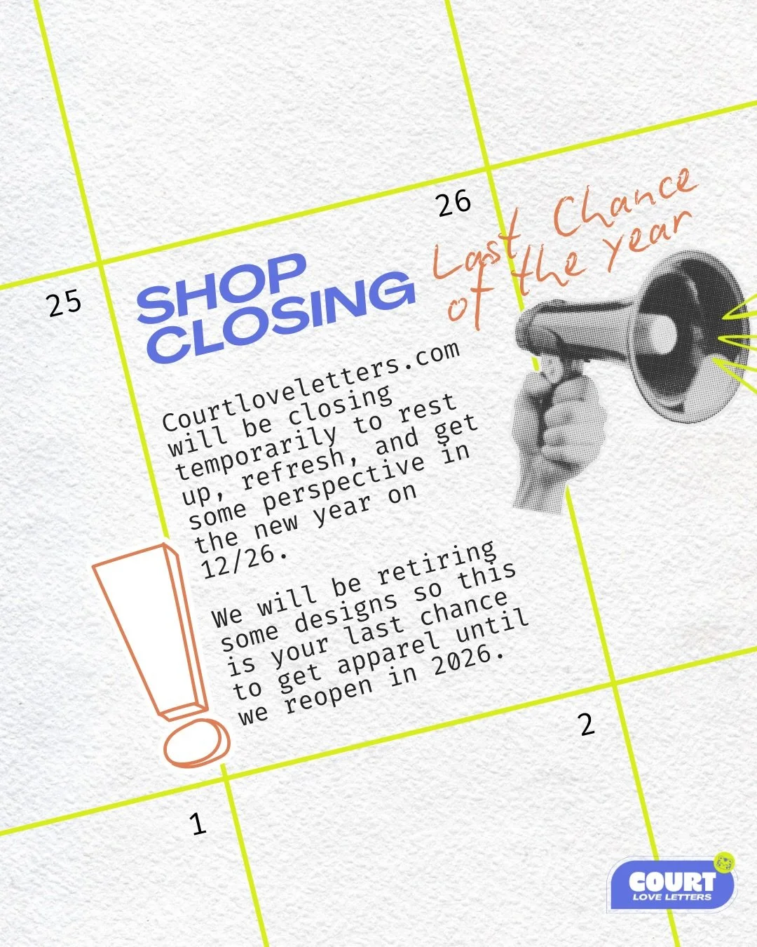 An end-of-year sale and (bye now) 💌

As we wrap up the year, we&rsquo;re clearing space for what&rsquo;s next. Some Court Love Letters favorites are being retired to make room for new ideas, new designs, and a refreshed chapter of the shop. Most of 