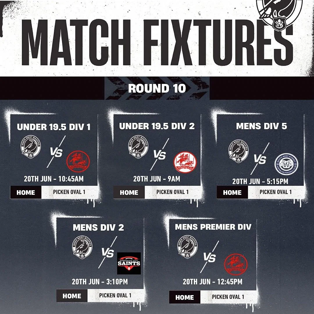 ROUND 10 IS HERE 

Picken Oval, we need you. Tomorrow Saturday 20th June every single Magpies team takes the field, and they need to feel the black and white behind them like never before.

- Under 19.5 Div 2 vs St George &ndash; 9:00am
- Under 19.5 