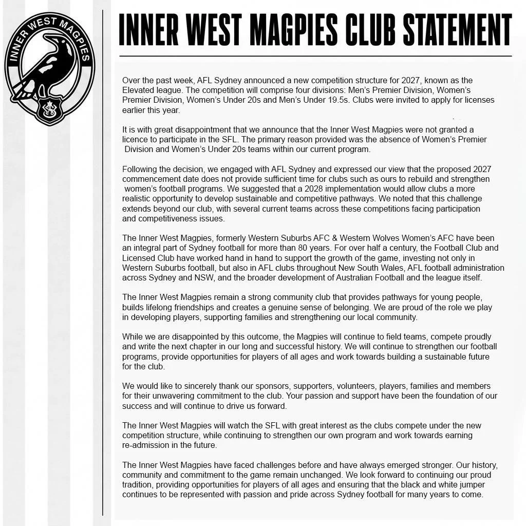 Inner West Magpies Club Statement