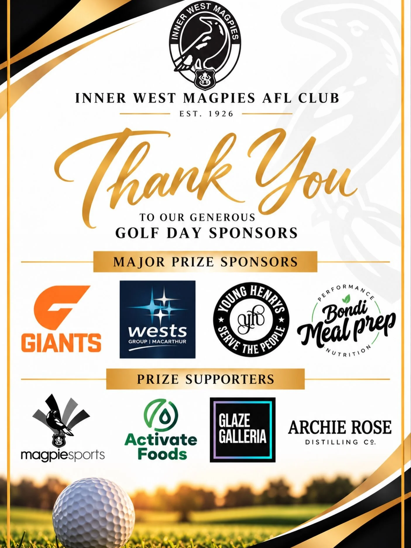 ⛳️ THANK YOU TO OUR GOLF DAY SPONSORS! 🖤🤍

The Inner West Magpies would like to extend a massive thank you to all the businesses and organisations who generously supported our Golf Day.

Events like this simply aren&rsquo;t possible without the bac