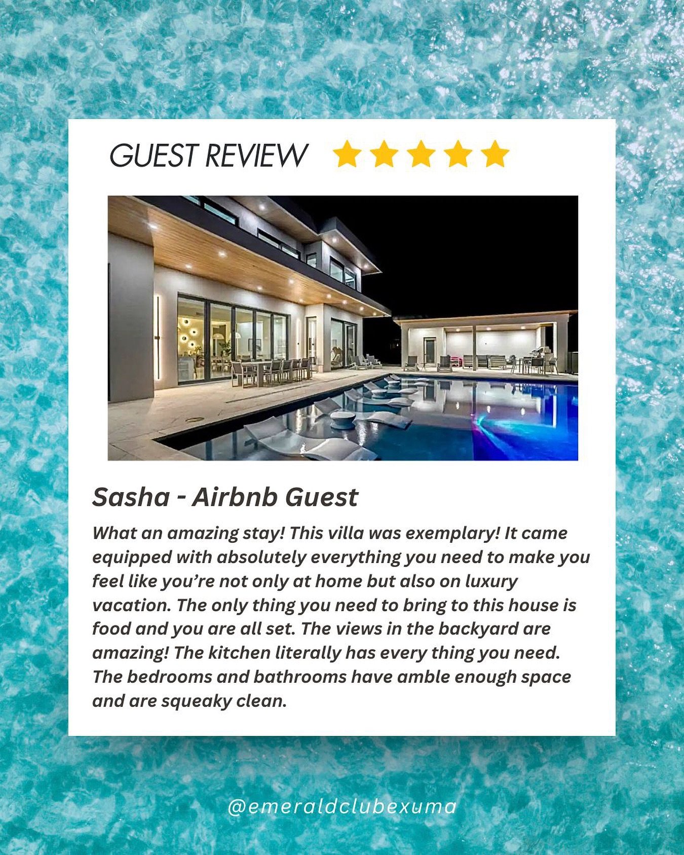 Thank you to our wonderful guest for this 5 star review on our Ocean Oasis villa! ⭐️ We love to hear about your experience while staying with us and appreciate all your feedback 😊 

#exuma #bahamas #visitthebahamas #luxurylifestyle #luxuryhome #vaca