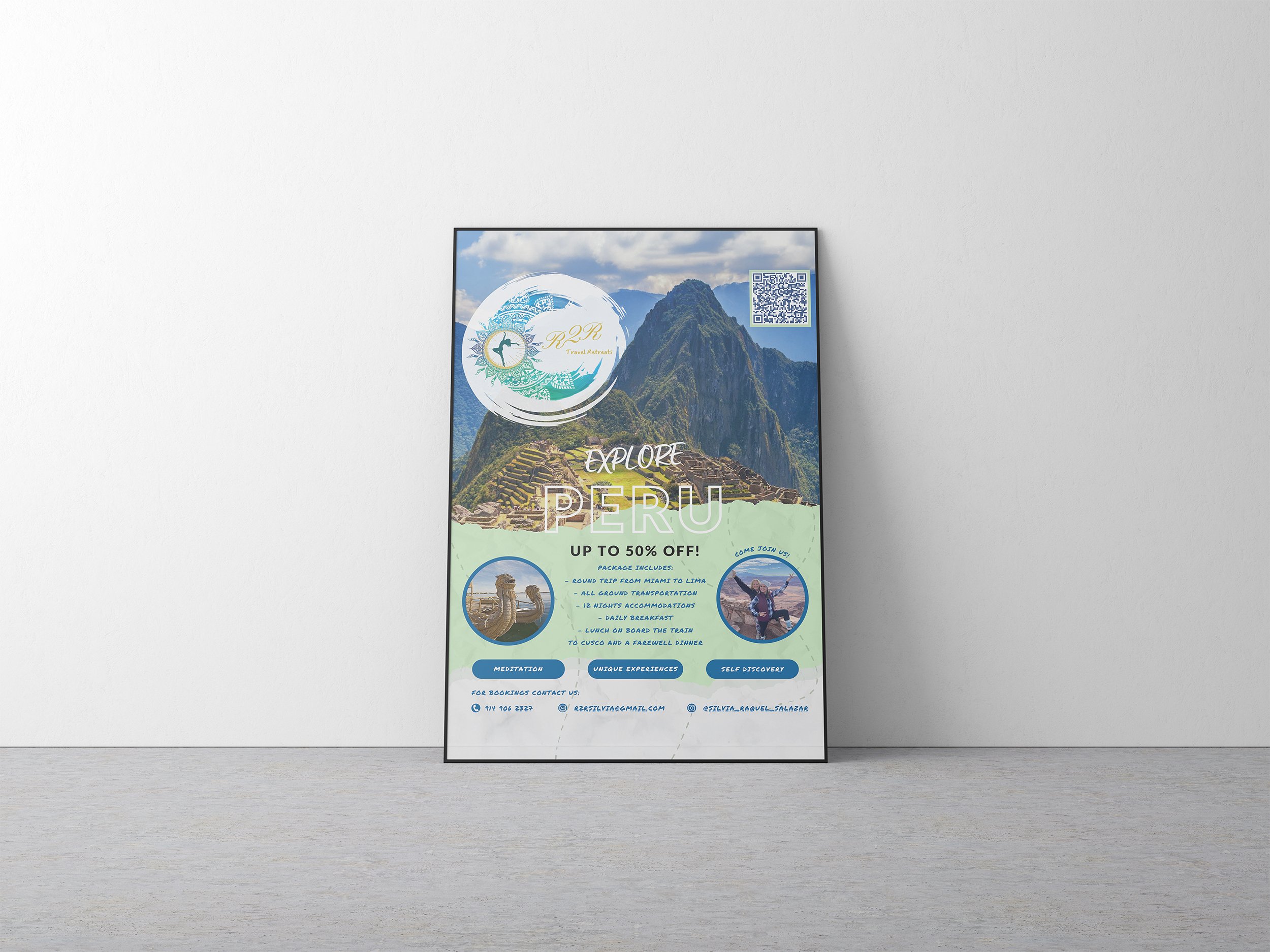 Graphic design mockup of a poster for Road 2 Rejuvenation — modern, geometric font with images of Machu Picchu and design elements for a travel agency, designed by Will Lefkovich.