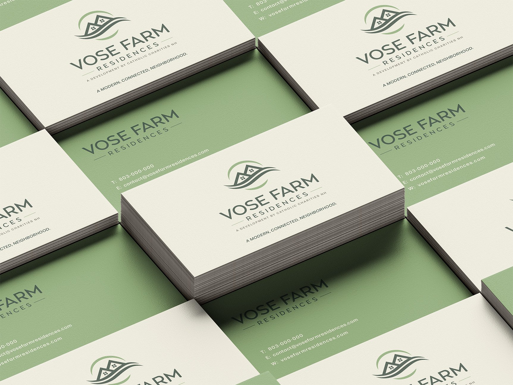 Graphic design mockup of business cards for Vose Farm Residences — earthy, clean wordmark logo of a house and river with a clean sans serif typography, designed by Will Lefkovich.