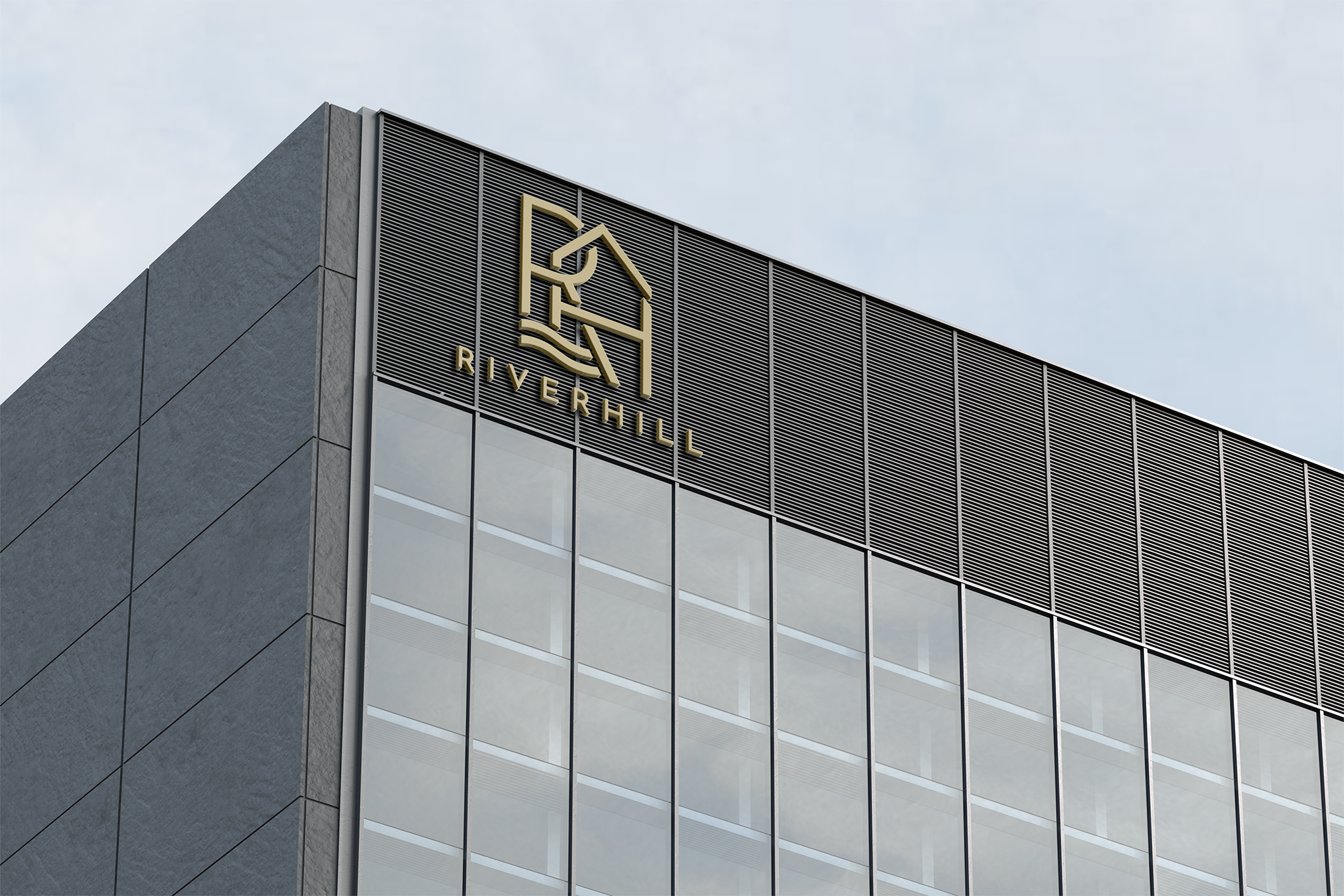 Graphic design mockup of an apartment building for Riverhill — modern, geometric brandmark logo integrating the brand name initials, a house, and a river with a clean sans serif typography, designed by Will Lefkovich.