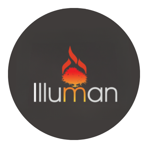 Logo for Illuman featuring a stylized flame above a tree with a gradient color scheme, and the word 'Illuman' in lowercase letters.