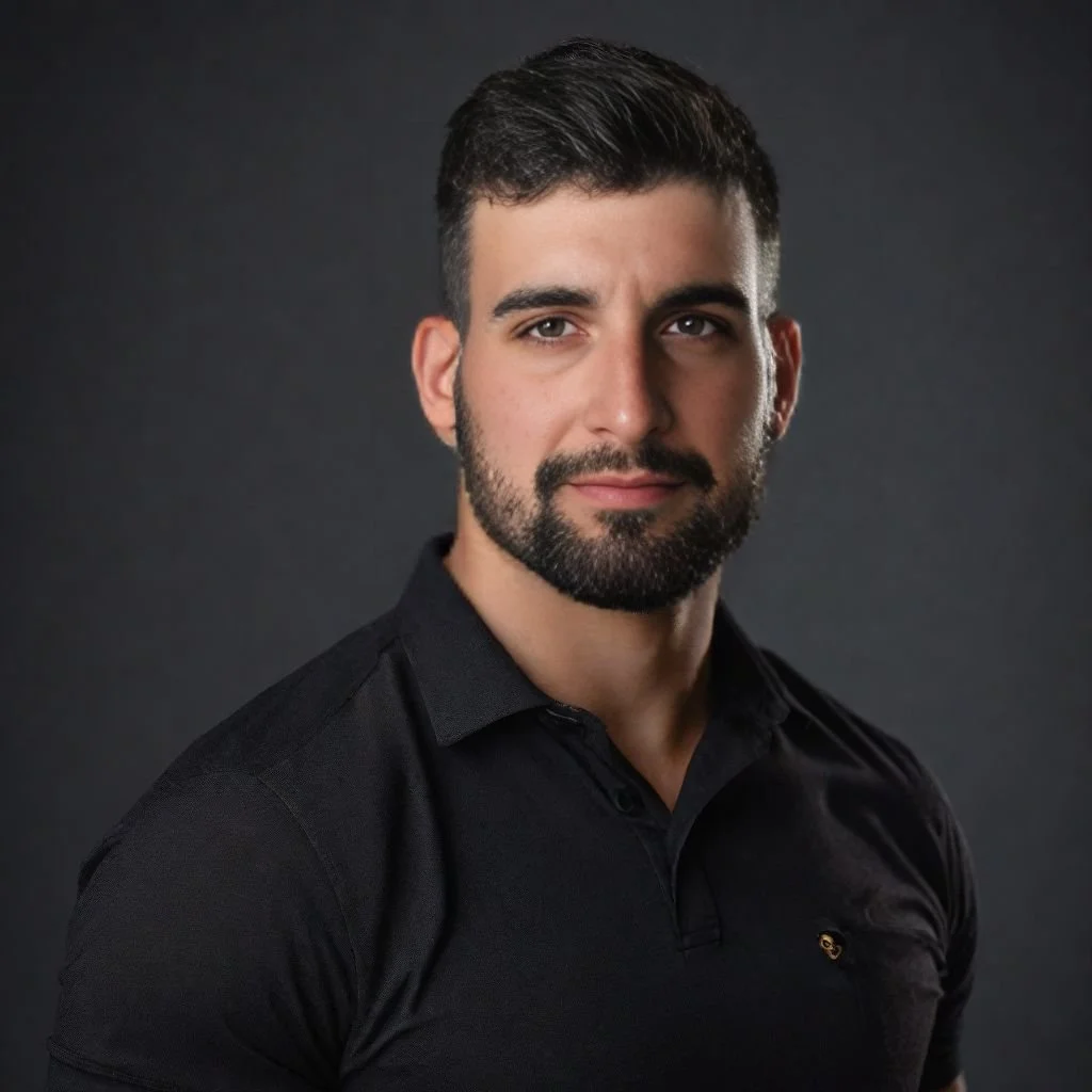 Man with a beard wearing a black polo shirt against a dark background.