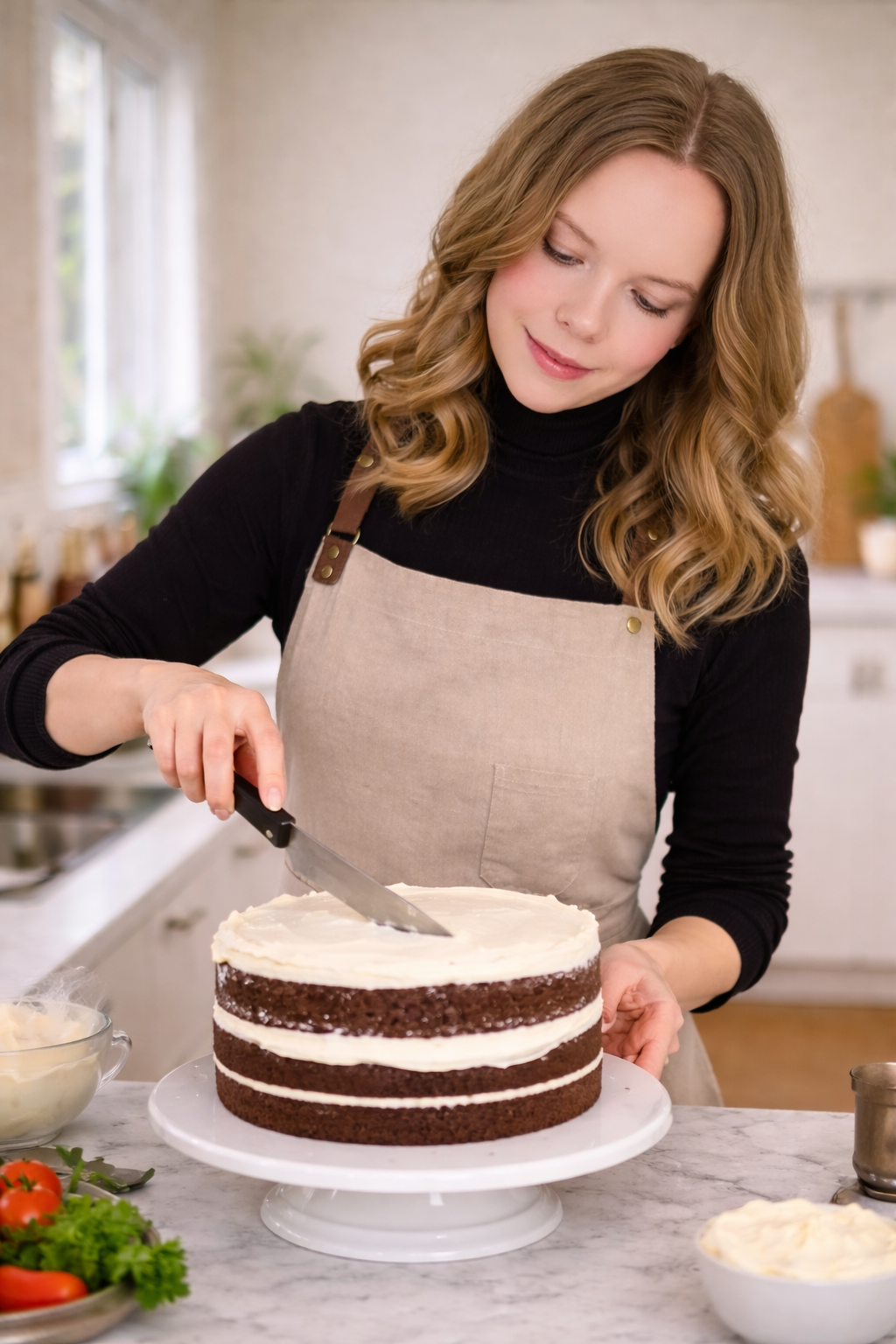A woman decorating a three-layer chocolate cake with white frosting in a bright kitchen.