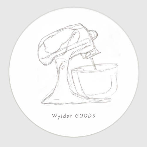Sketched logo of a stand mixer pouring batter into a mixing bowl with the text 'Wylder GOODS' underneath.