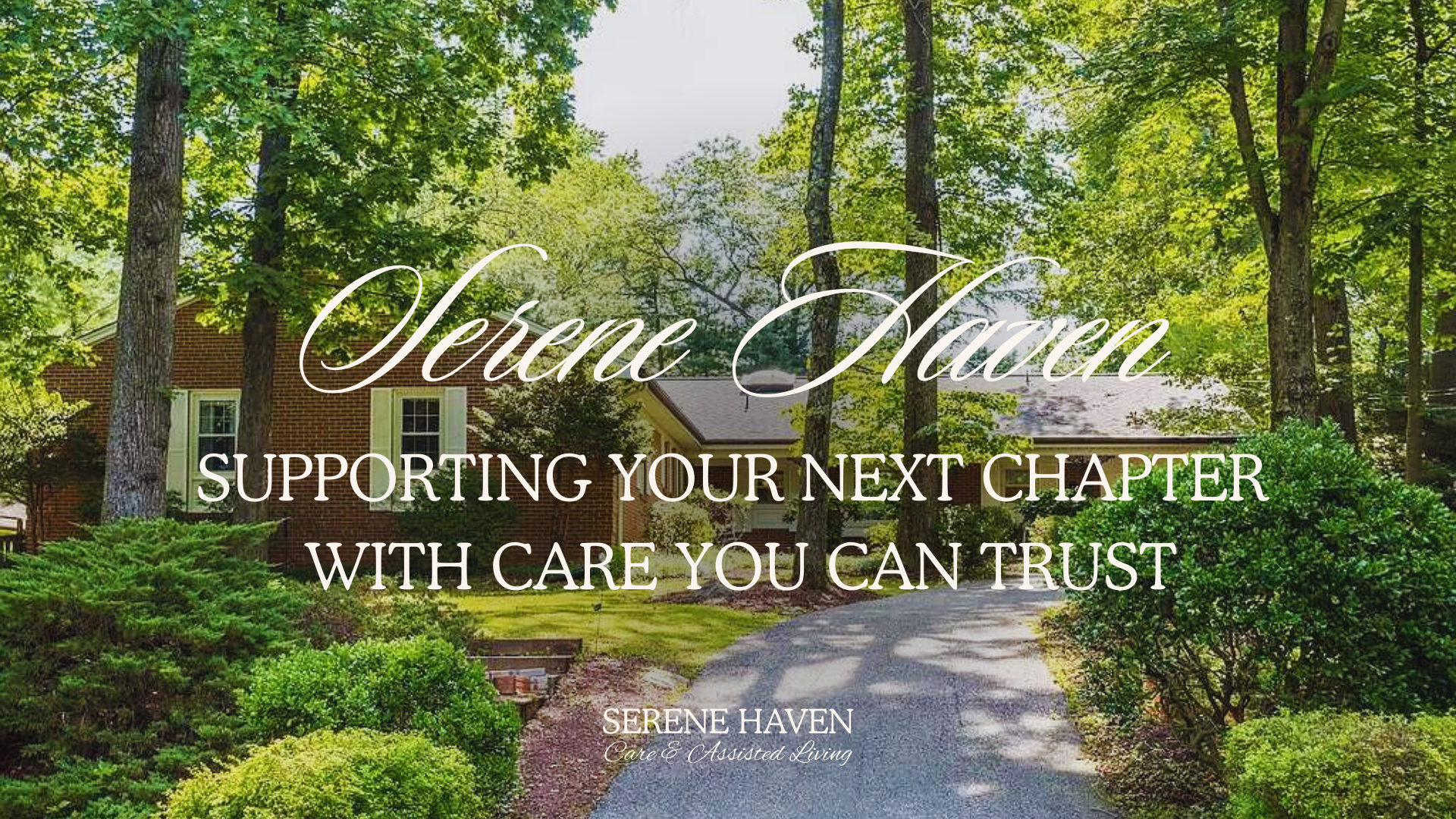 A scenic pathway winding through lush green trees and bushes leading to a brick house with white window frames in a serene landscaped setting.