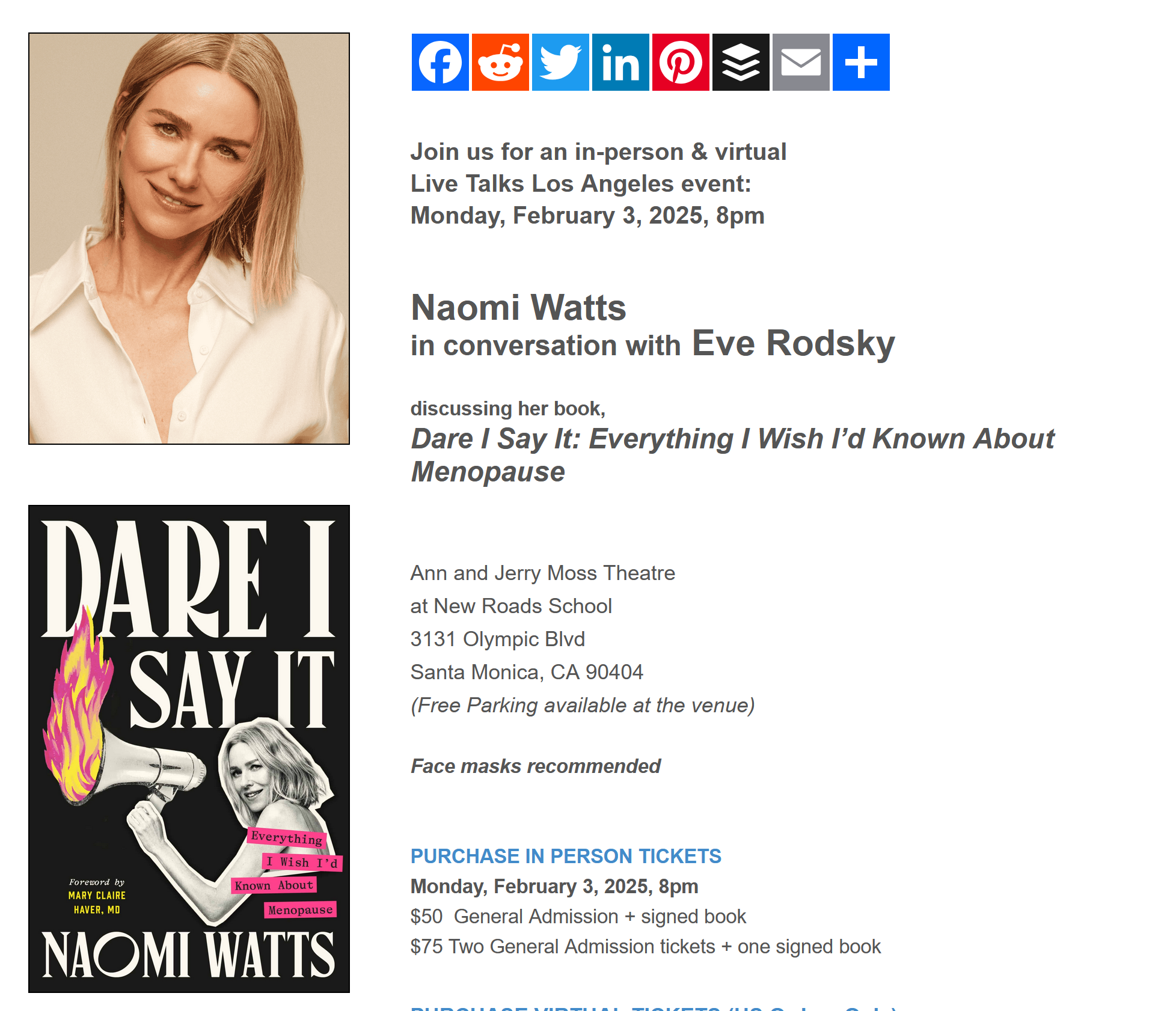 Naomi Watts in conversation with Eve Rodsky, discussing her book, Dare I Say It: Everything I Wish I’d Known About Menopause