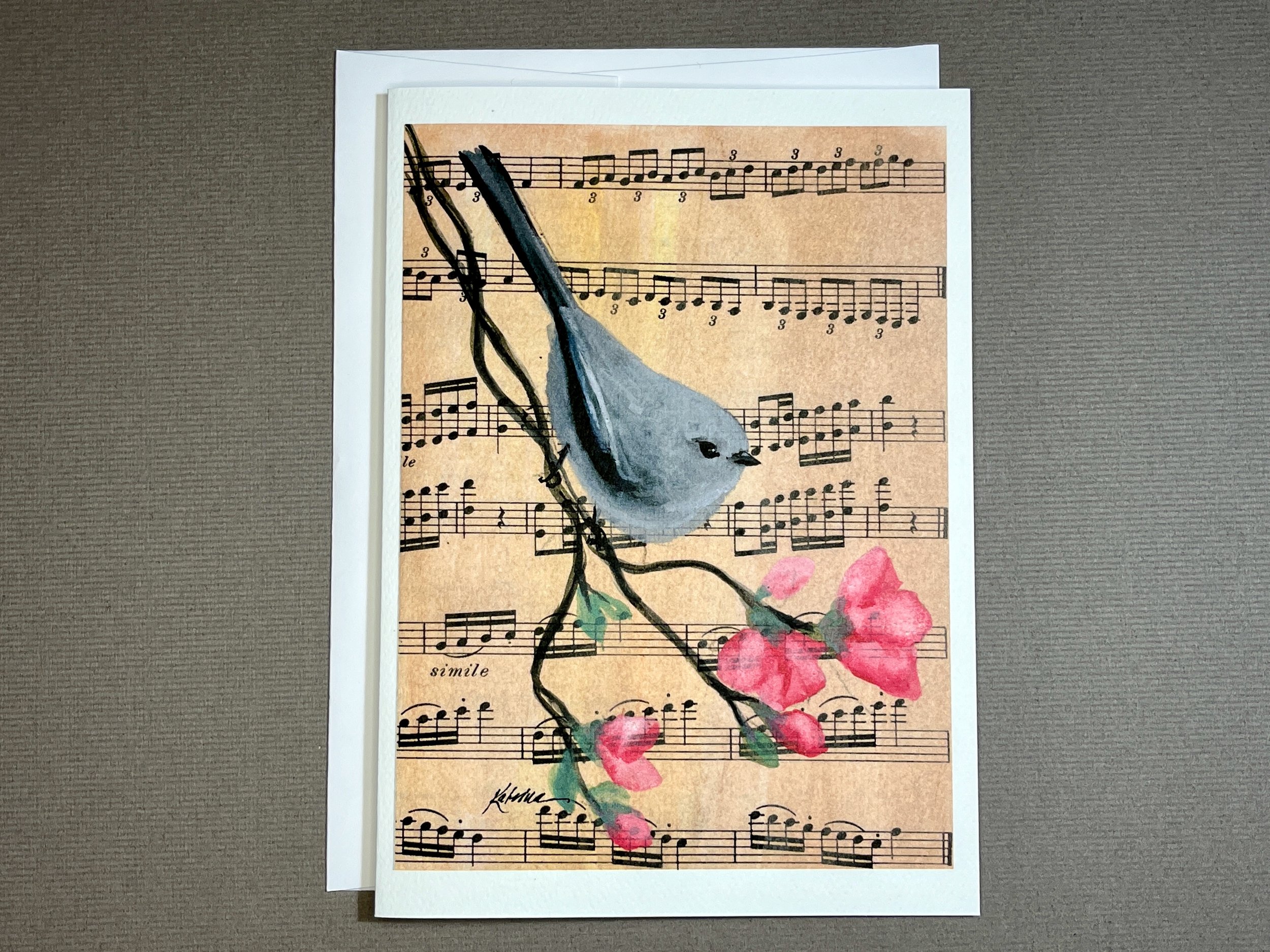 Katrina's-Cards-Bushtit-Quince-Song-vintage-music-bird-flower-A7-notecard.jpeg