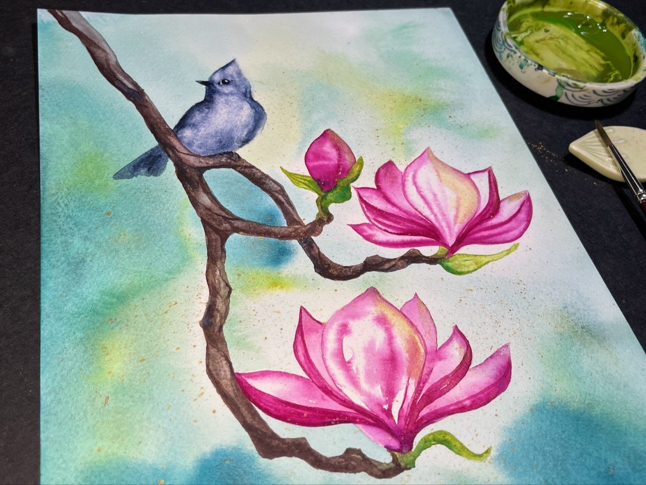 "Magnolia & Oak Titmouse" watercolor painting