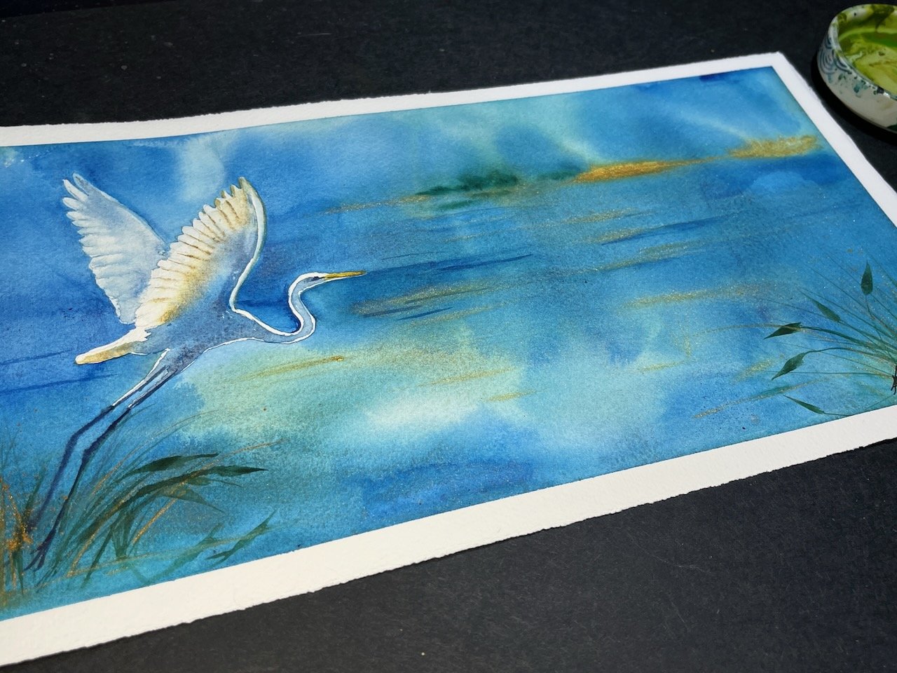 "Azure Egret" watercolor painting