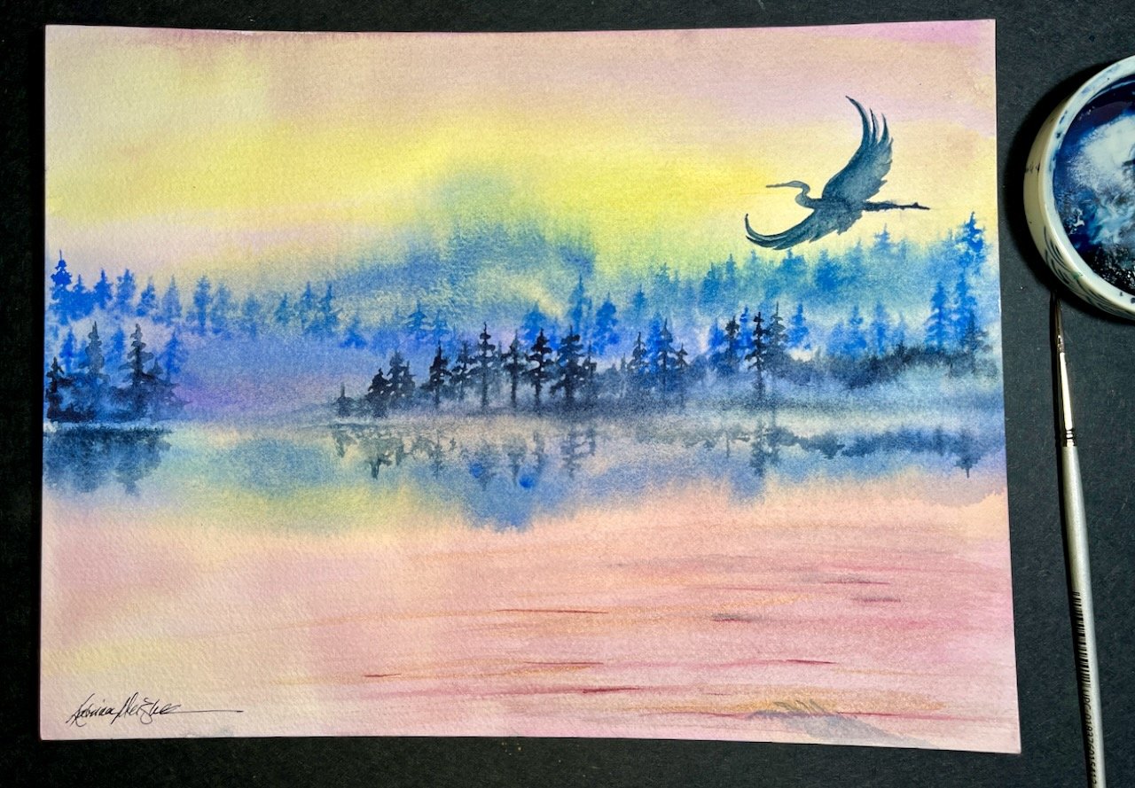 Katrina-Meister-Heron-Morning-reflections-watercolor-painting-deskshot.jpeg