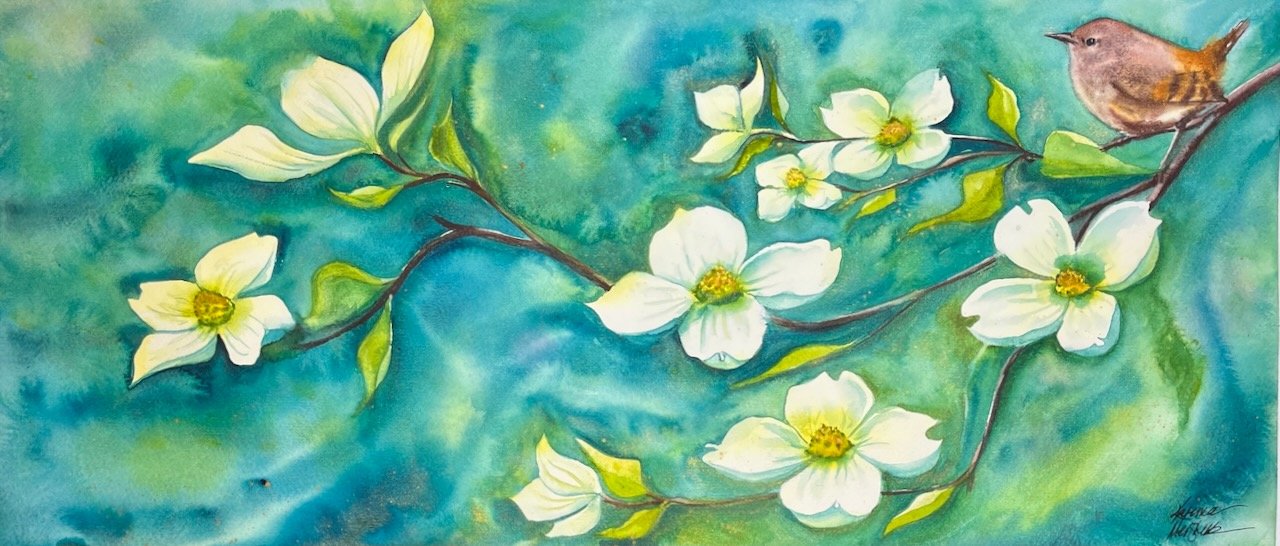 "Dogwood & Wren" watercolor painting
