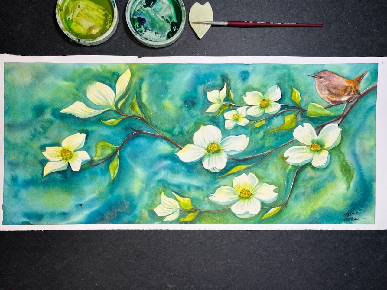 Katrina-Meister-Dogwood-wren-wateroolor-painting-deskshot.jpeg