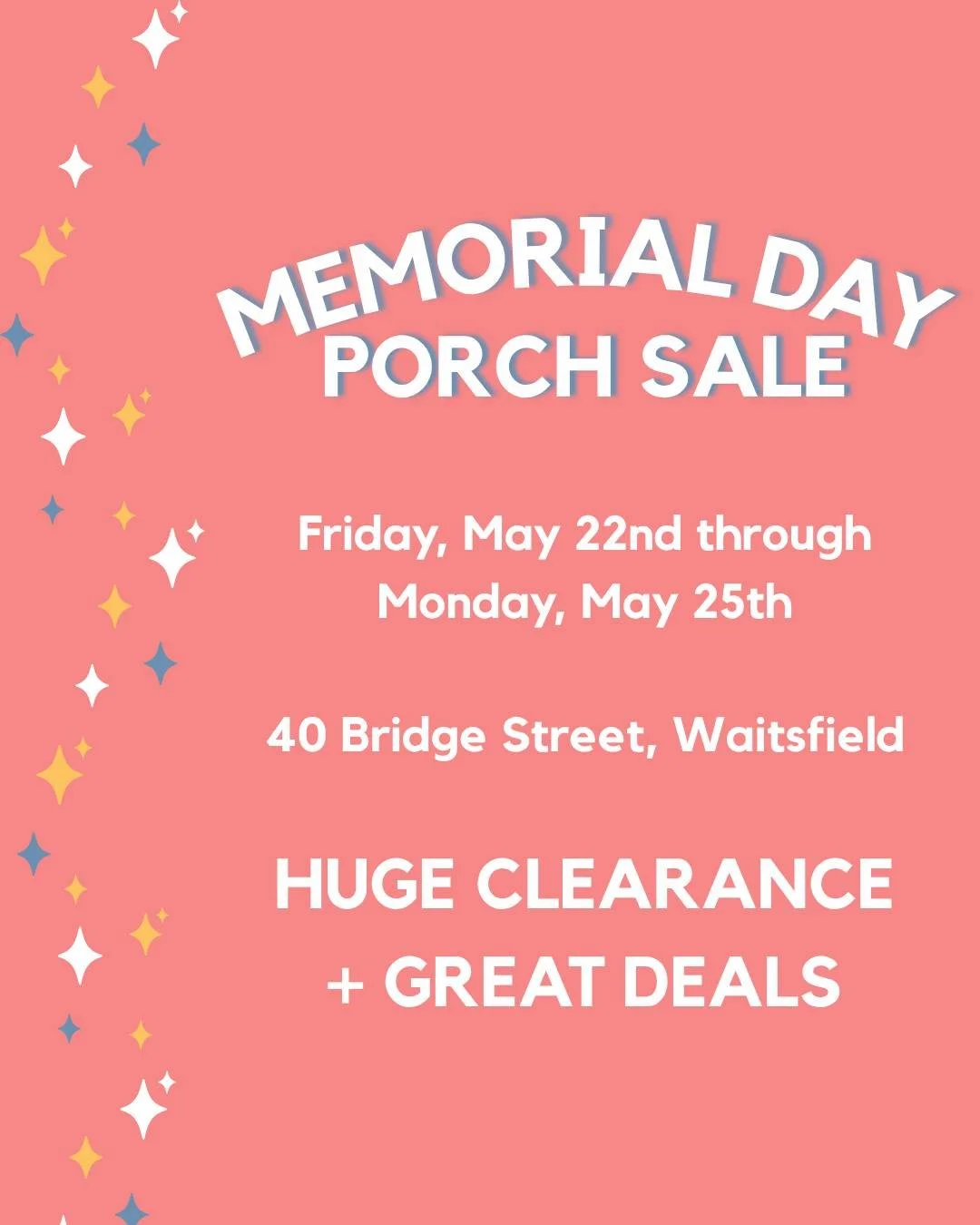 Mark your calendars, friends! 🛍 Our Memorial Day Porch Sale is back and it's the BIGGEST sale of the year at Someday.

Friday through Monday, We're rolling racks out onto the porch and packing them with seriously good deals on tops, bottoms, jeans, 