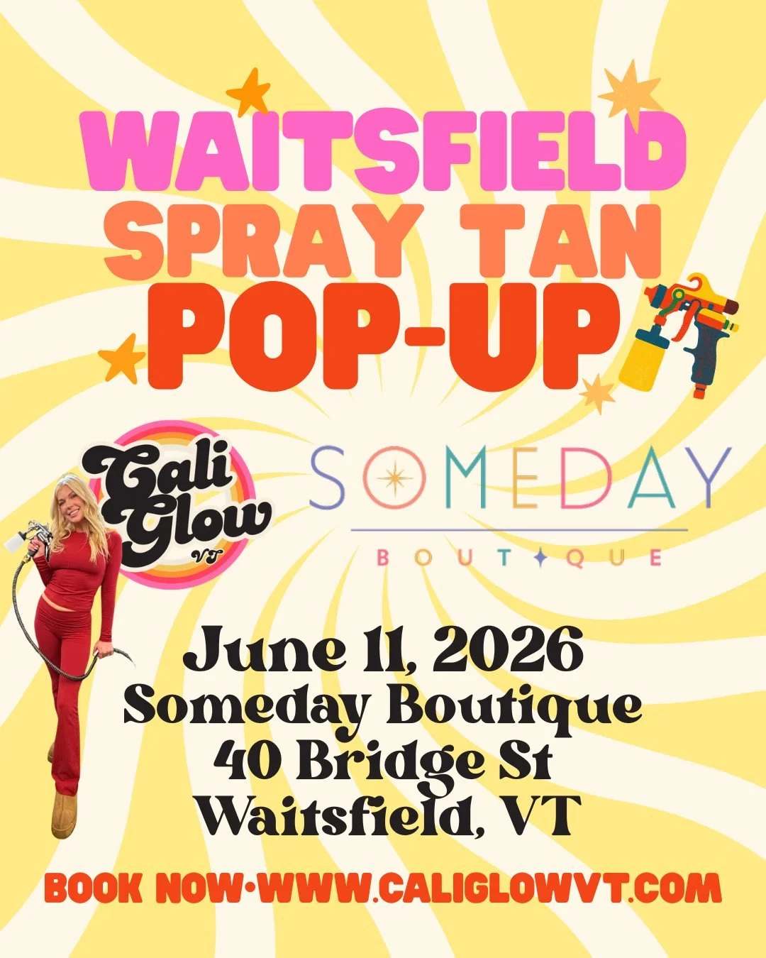 She's BACKKKKK! ✨🌴

@caliglowvt is returning to Someday for another spray tan pop-up and if you were here last time, you know these slots fill up FAST.

Summer weddings, vacations, long weekends on the lake.... Christine's tans are your shortcut to 
