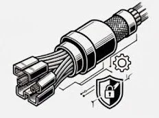 Detailed CAD drawing of a ruggedized, EMI-shielded cable harness featuring a protective shield icon representing ITAR and CMMC compliance in defense manufacturing.
