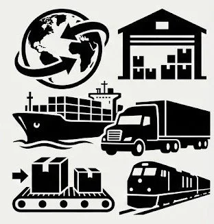 Black and white minimalist icon illustrating Distribution and Logistics, including a global shipping globe, warehouse, cargo ship, delivery truck, freight train, and conveyor belt.