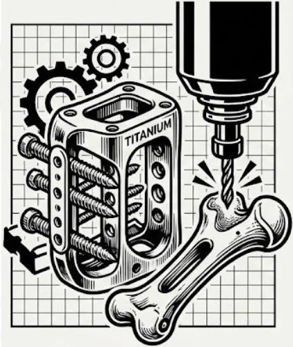 Technical icon depicting a titanium spinal cage, bone screw assembly, and precision CNC milling tool for orthopedic medical device manufacturing.