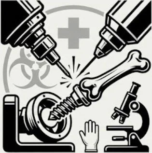 Technical vector icon of a high-precision medical implant being manufactured with multi-axis tooling for ISO 13485 compliant manufacturing firm sale.