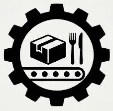 A black and white industrial icon showing a conveyor belt with a package and utensil symbols inside a gear, representing food manufacturing and packaging business brokerage.