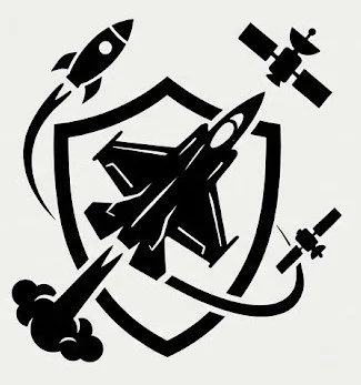Minimalist vector icon for Aerospace and Defense, showcasing a fighter jet centered on a protective shield, flanked by a launching rocket and orbiting satellites.