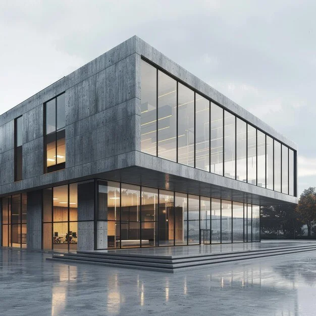 Modern two-story building with concrete walls and large glass windows, reflecting an overcast sky, with steps leading up to the entrance.