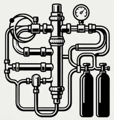Technical icon of a semiconductor high-purity fluid manifold and gas delivery system for UHP wafer processing valuation.