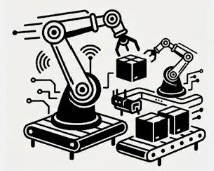 Technical black and white icon featuring robotic arms moving and stacking boxes on a conveyor belt system, symbolizing automated secondary packaging solutions.