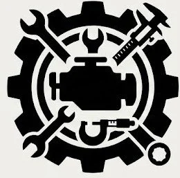 A black and white industrial gear icon featuring an engine silhouette, wrenches, and a micrometer, representing automotive engineering and precision tooling.