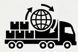 A black and white icon of a semi-truck next to a pallet of boxes with a globe and circular arrows, representing third-party logistics (3PL) and distribution business sales in the Twin Cities.