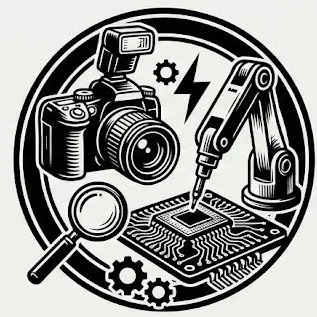 A circular black and white logo depicting a high-speed industrial camera and magnifying glass focused on a robotic arm performing precision micro-assembly on a circuit board.